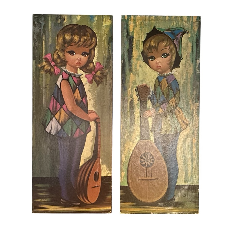 1960s MCM Prints Eden Big Eyes Harlequin Moppet Wall Art Set Of 2